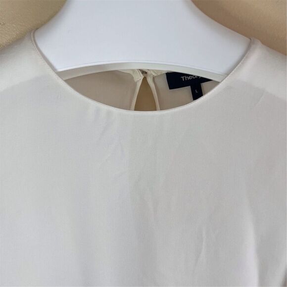 Theory Women's Silk Blouse Size Large White Ruffle Hem & Sleeves Corporate Work - Picture 4 of 7